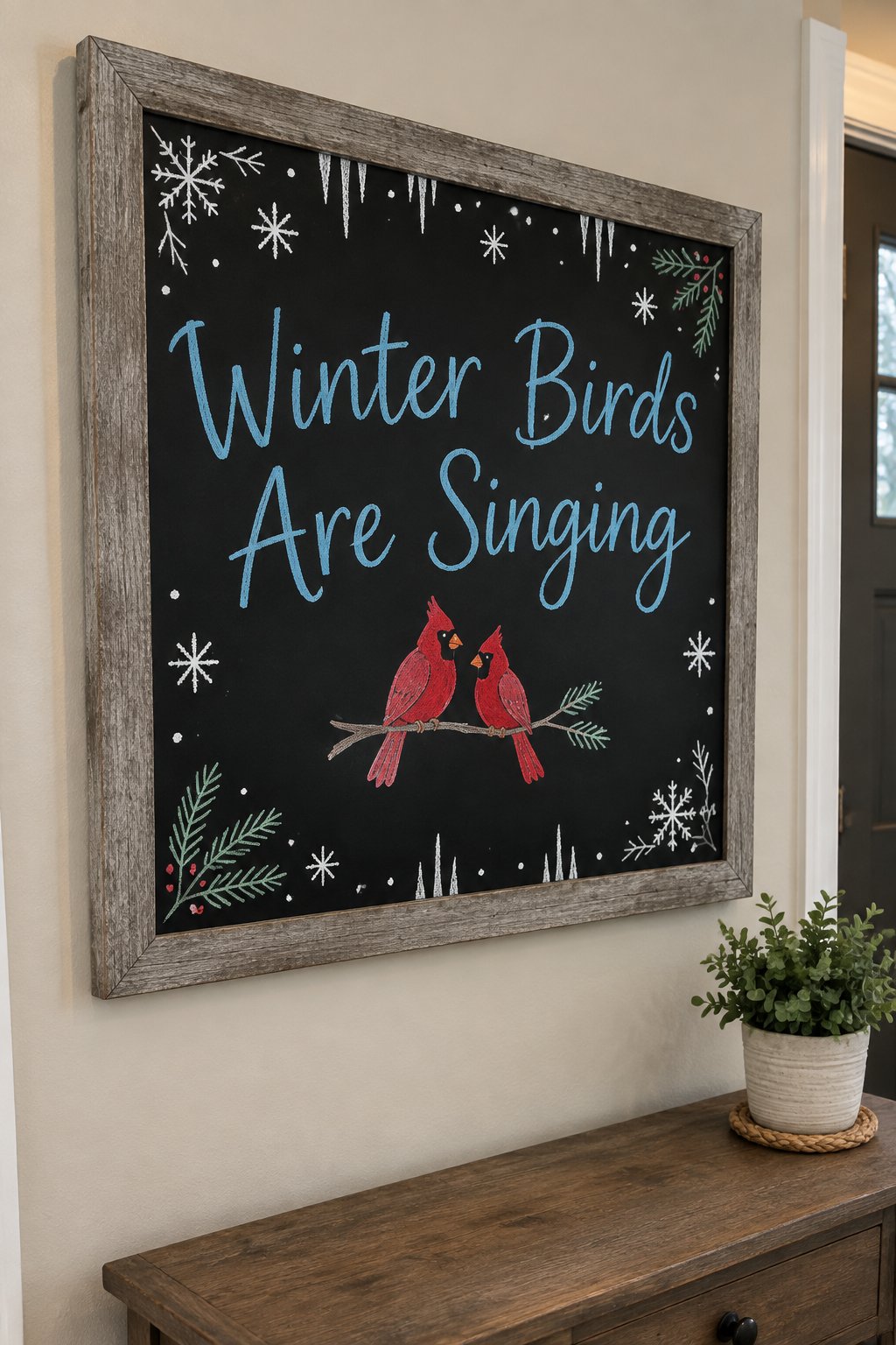 Winter Birds Board: a framed winter chalkboard sign reading "Winter Birds Are Singing", hand-drawn in chalk with two small cardinals perched together on a thin branch.