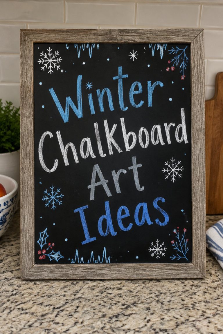 Winter Chalkboard Art Ideas: a framed chalkboard sign reading "Winter Chalkboard Art Ideas", hand-drawn in icy blue, navy and cardinal red chalk.