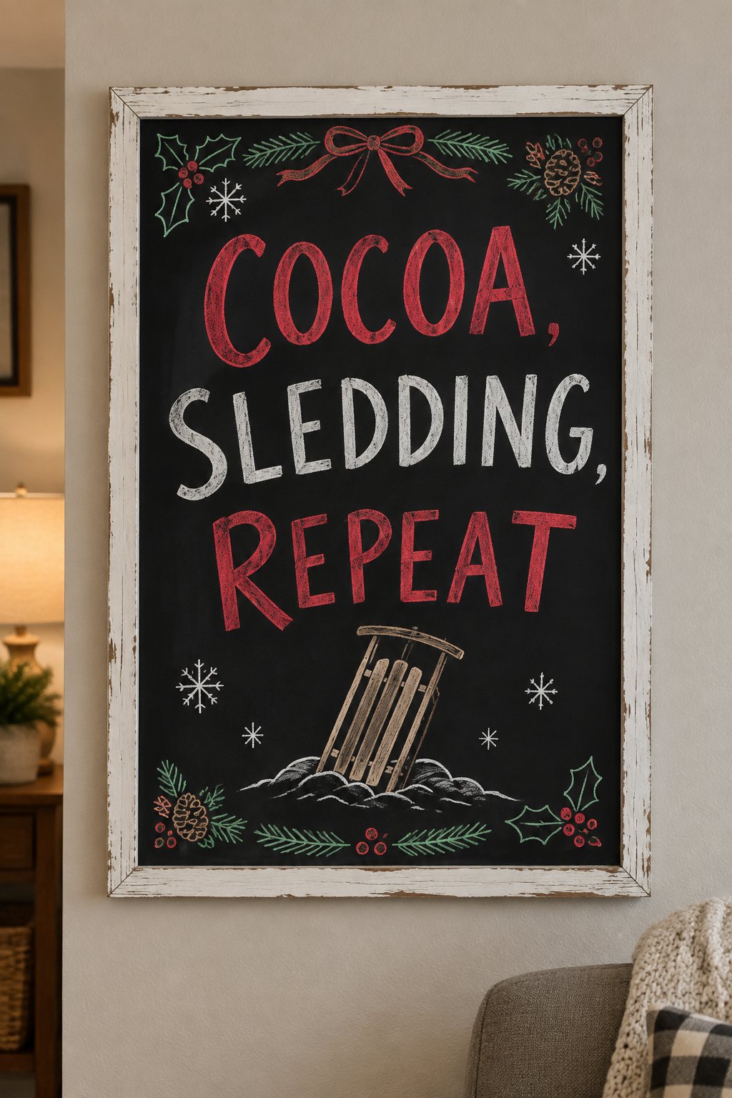 Winter To-Do List: a framed December chalkboard sign reading "Cocoa, Sledding, Repeat", hand-drawn in chalk with a small wooden sled leaning against a low snowbank.