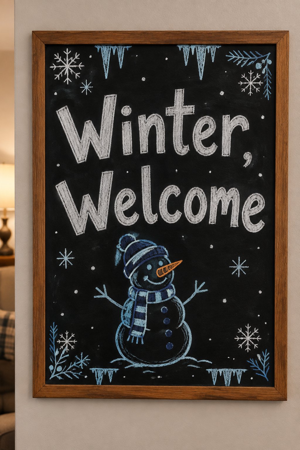 Winter Welcome Sign: a framed winter chalkboard sign reading "Winter, Welcome", hand-drawn in chalk with a plump snowman with a striped scarf and a carrot nose standing beside the words.