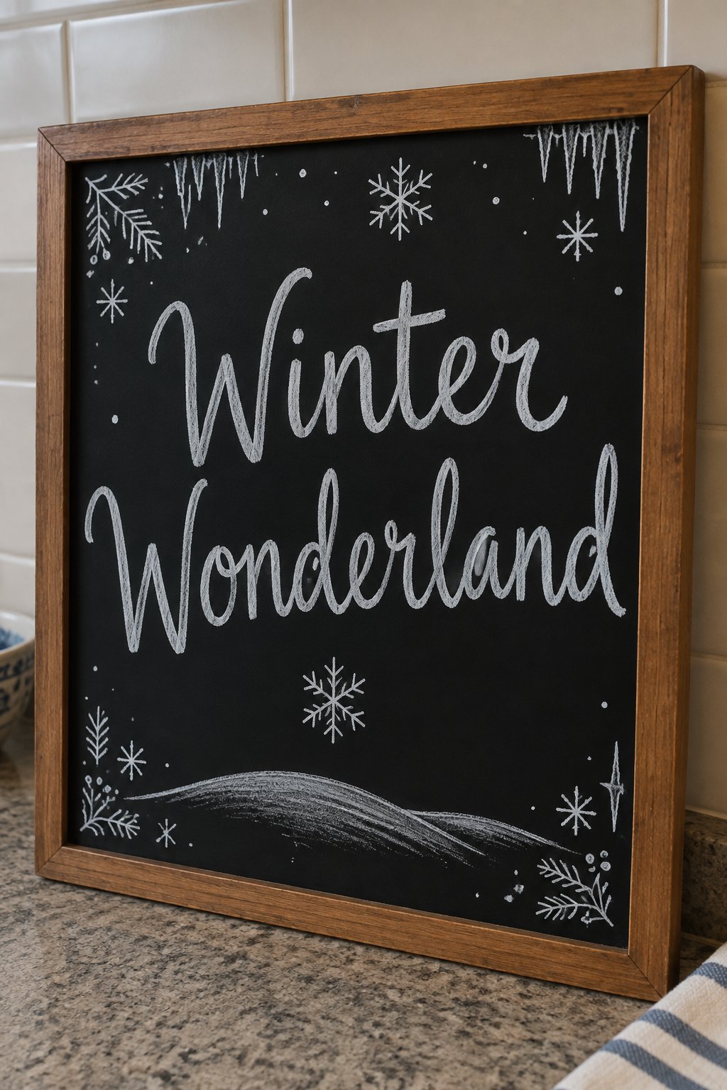 Winter Wonderland Sign: a framed winter chalkboard sign reading "Winter Wonderland", hand-drawn in chalk with a gentle snow-covered hill with a single snowflake drifting above it.