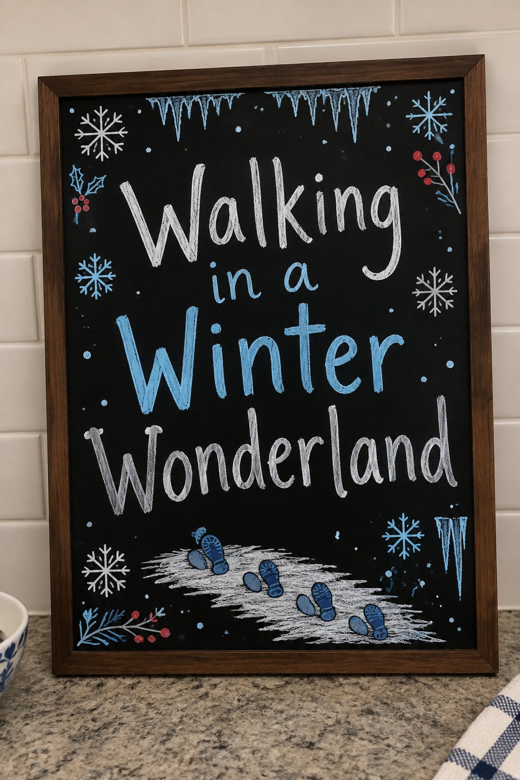 Winter Wonderland Song Board: a framed winter chalkboard sign reading "Walking in a Winter Wonderland", hand-drawn in chalk with a set of small boot prints trailing across a patch of snow.