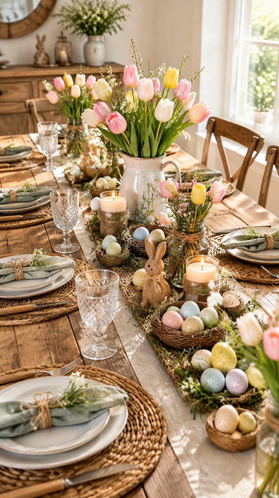Rustic wooden egg crate filled with colorful Easter eggs and tiny spring blooms on a farmhouse tablescape.