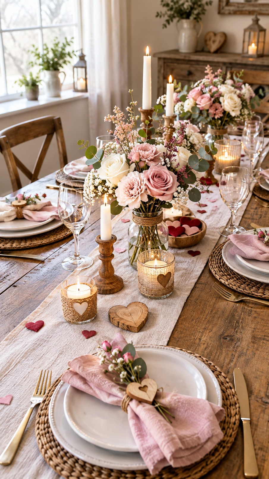 A weathered wooden love sign displayed as a rustic Valentine's Day table decoration among candles and flowers.