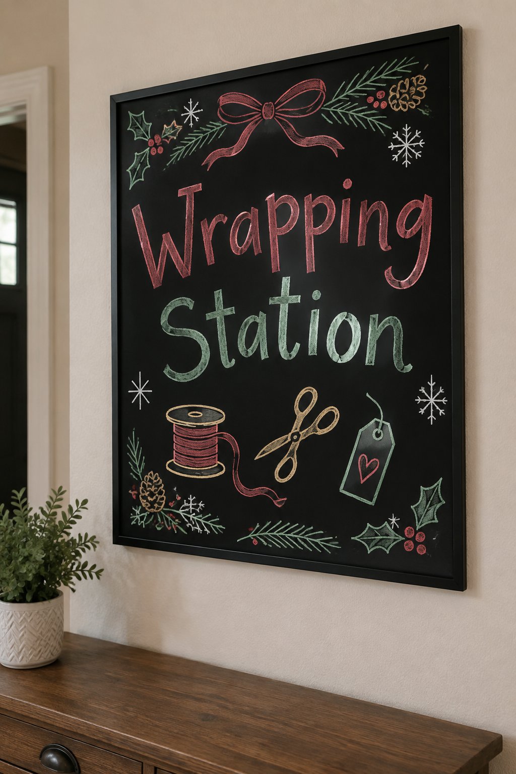 Wrapping Station: a framed chalkboard sign reading "Wrapping Station", hand-drawn in chalk with a spool of ribbon, scissors and a tag.