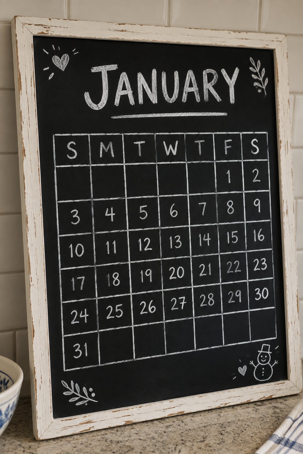 Clean Slate Grid: a hand-drawn winter chalkboard sign reading "JANUARY".