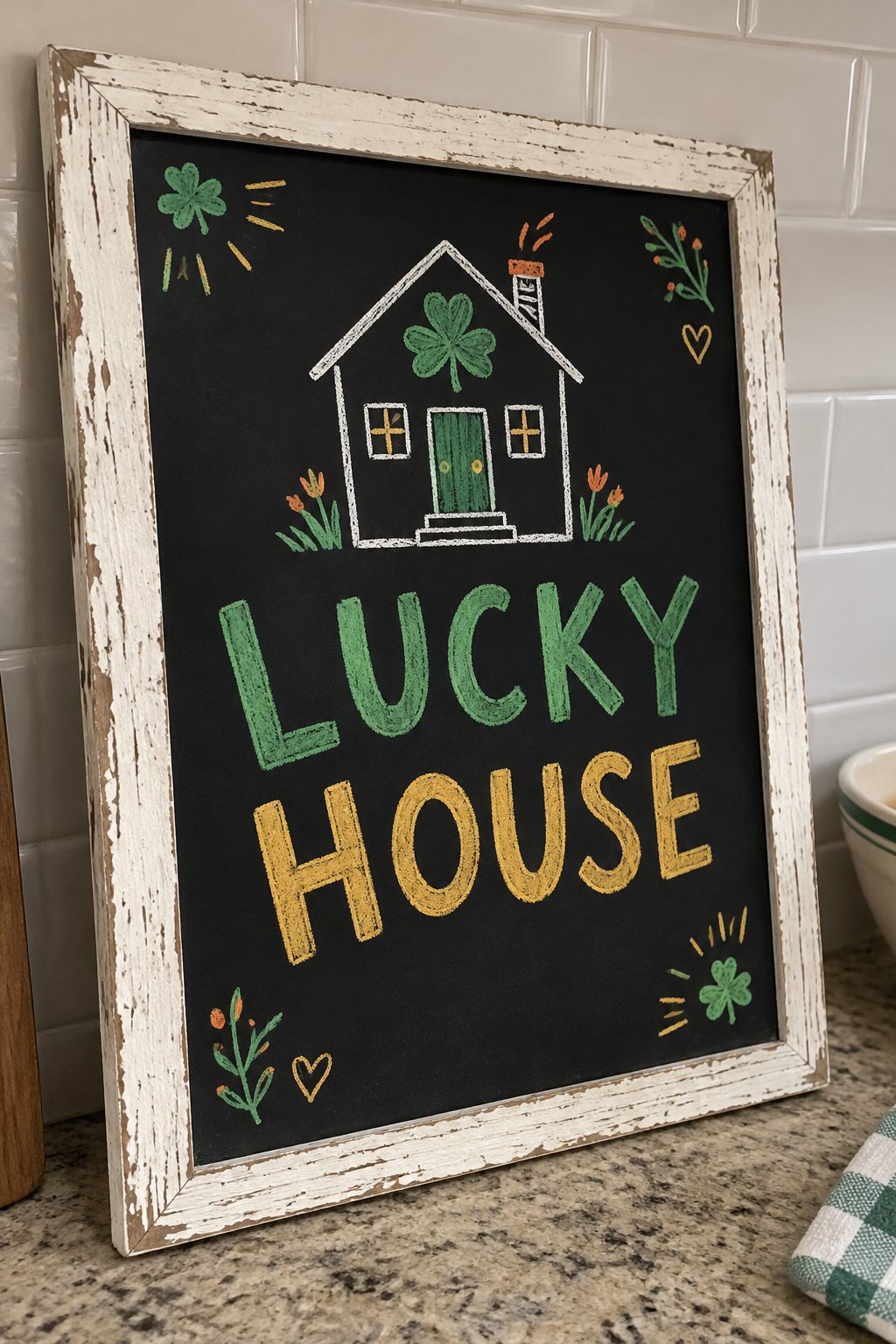 Lucky House: a hand-drawn stpatricks chalkboard sign reading "LUCKY HOUSE".