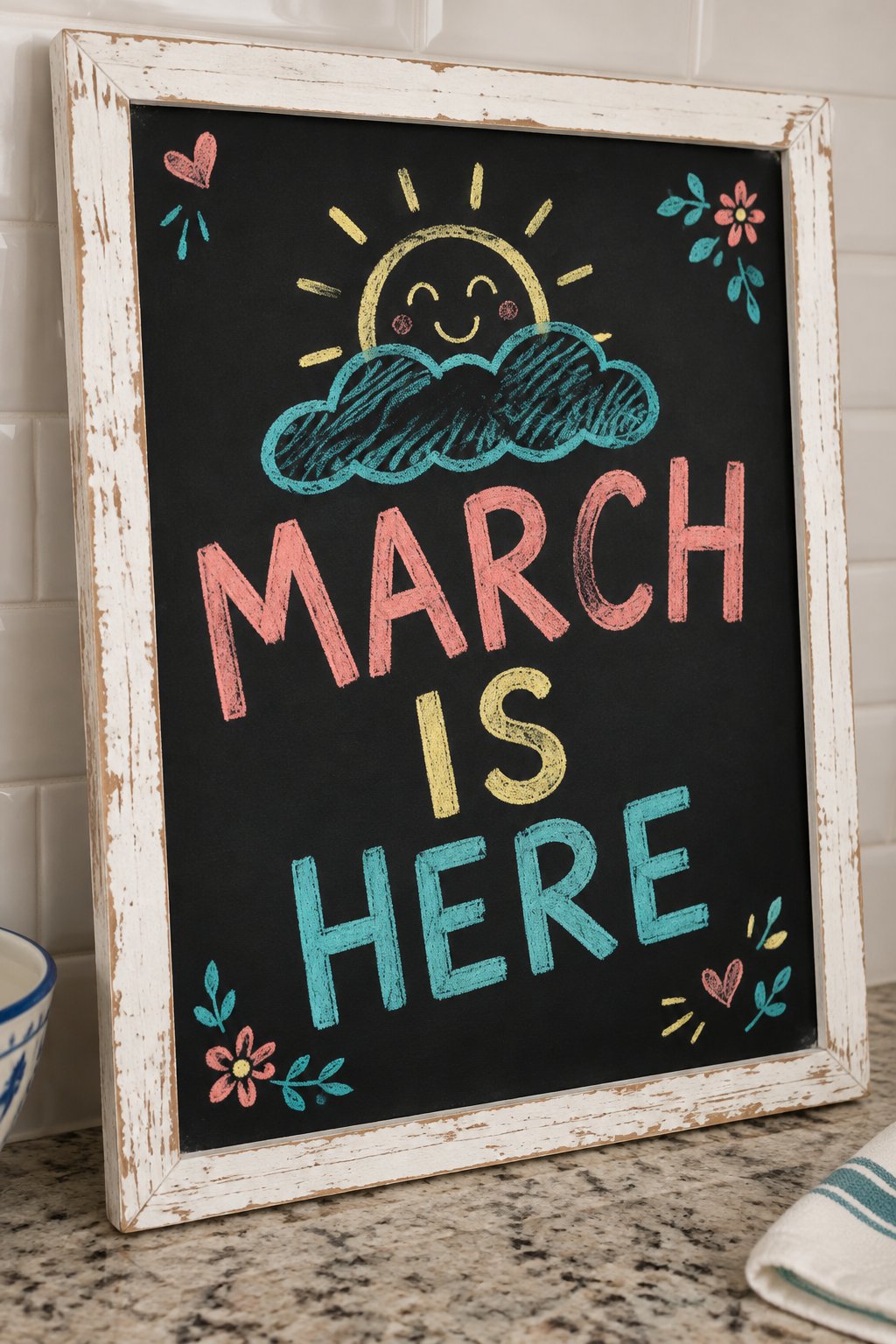 March Is Here: a hand-drawn spring chalkboard sign reading "MARCH IS HERE".