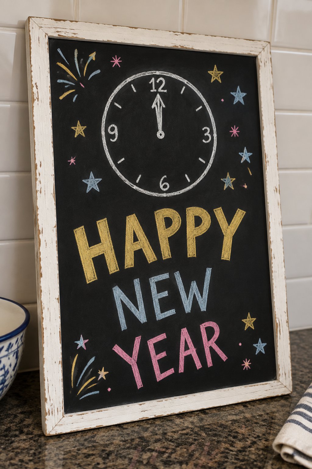 Midnight Clock: a hand-drawn newyear chalkboard sign reading "HAPPY NEW YEAR".