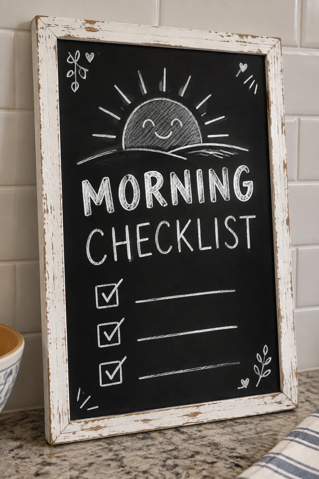 Morning Checklist: a hand-drawn winter chalkboard sign reading "MORNING CHECKLIST".