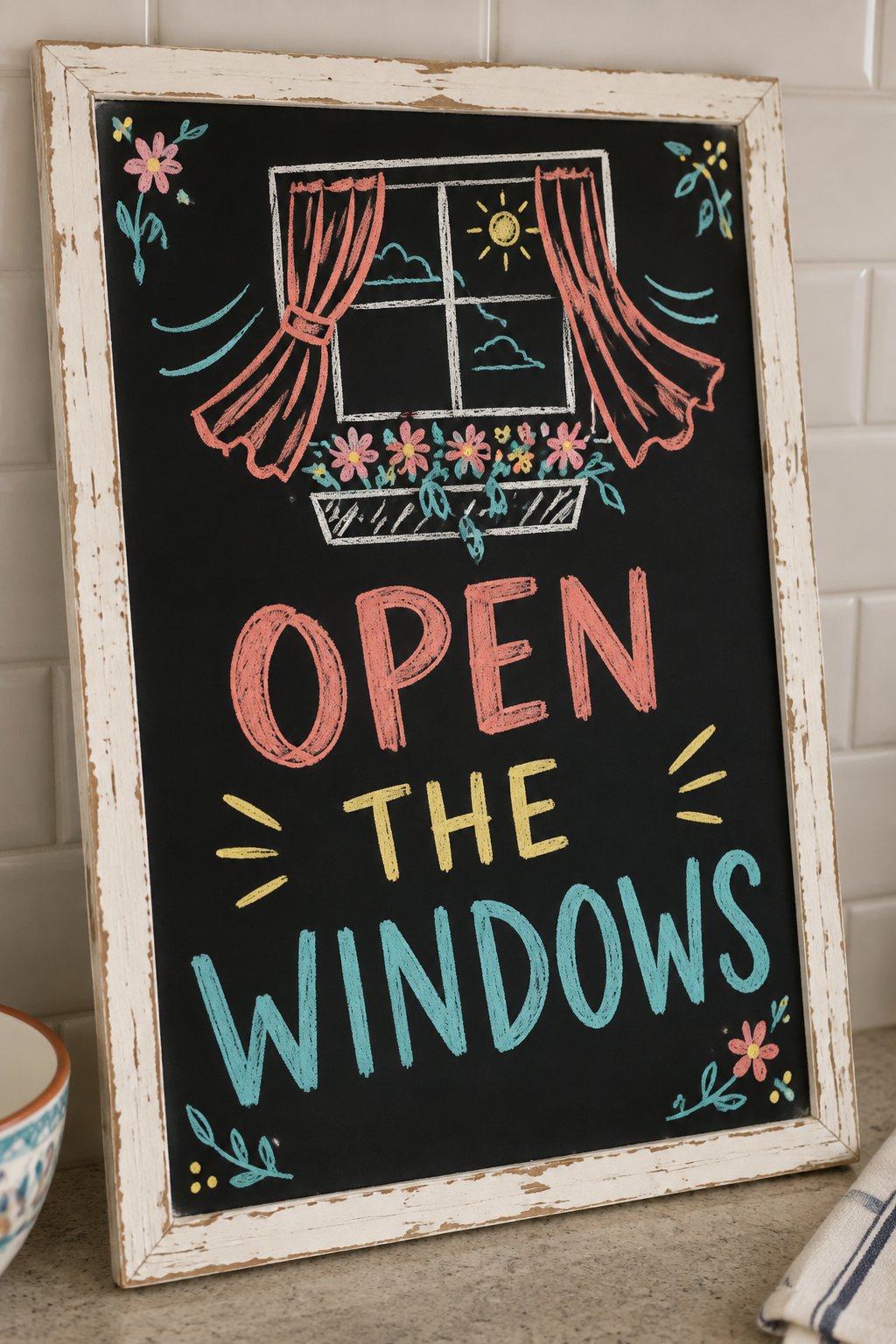 Open the Windows: a hand-drawn spring chalkboard sign reading "OPEN THE WINDOWS".