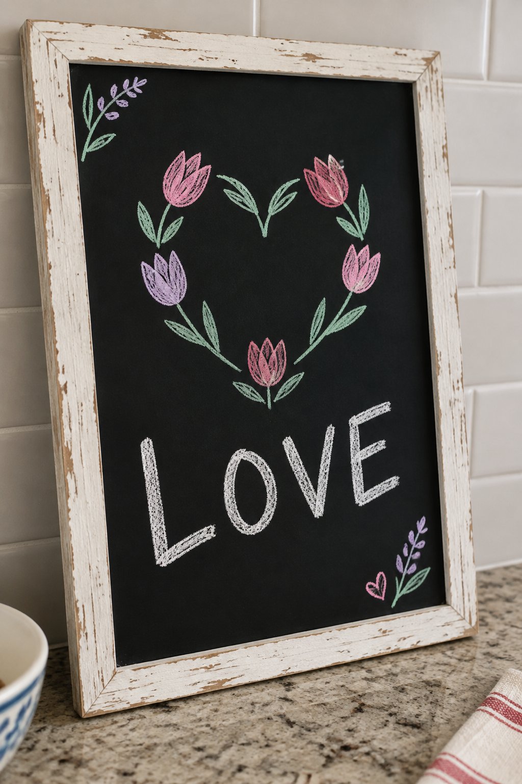 Pink Tulip Heart: a hand-drawn valentines chalkboard sign reading "LOVE".