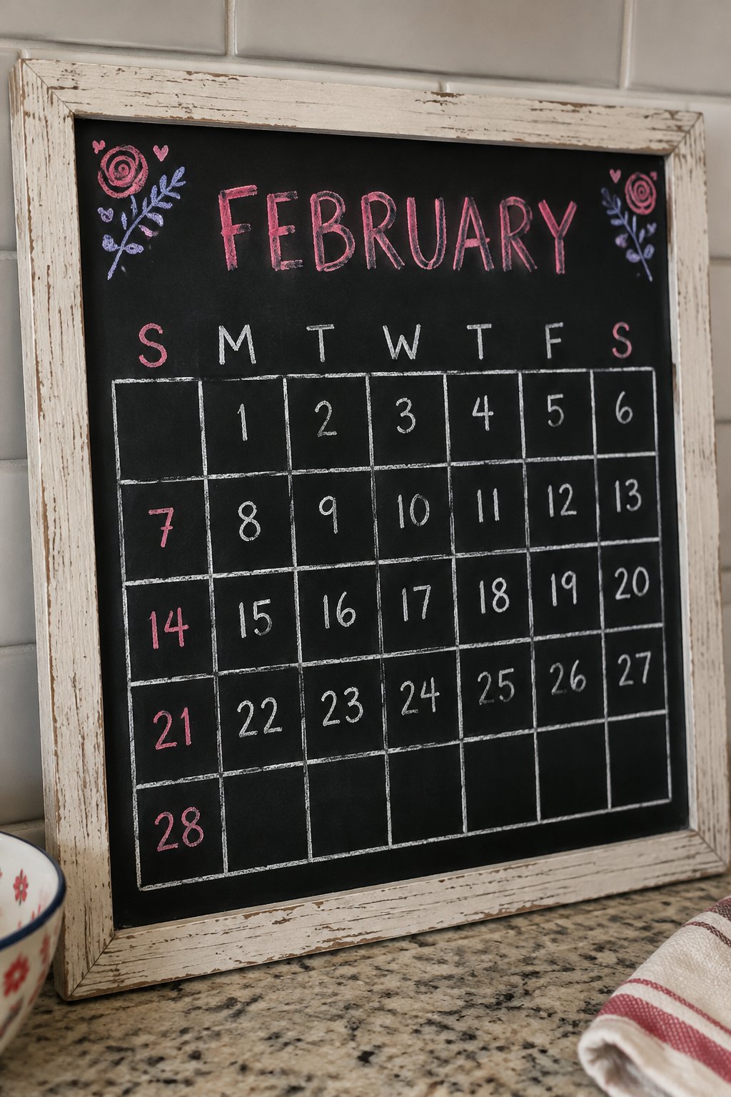 Rose Corner Grid: a hand-drawn valentines chalkboard sign reading "FEBRUARY".