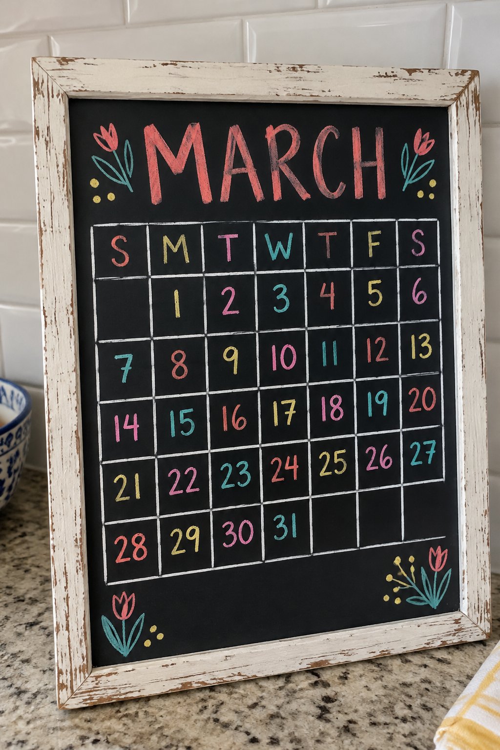 Tulip Corner Grid: a hand-drawn spring chalkboard sign reading "MARCH".