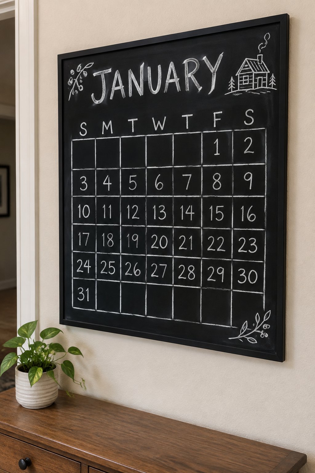 Cozy Cabin Grid: a hand-drawn winter chalkboard sign reading "JANUARY".