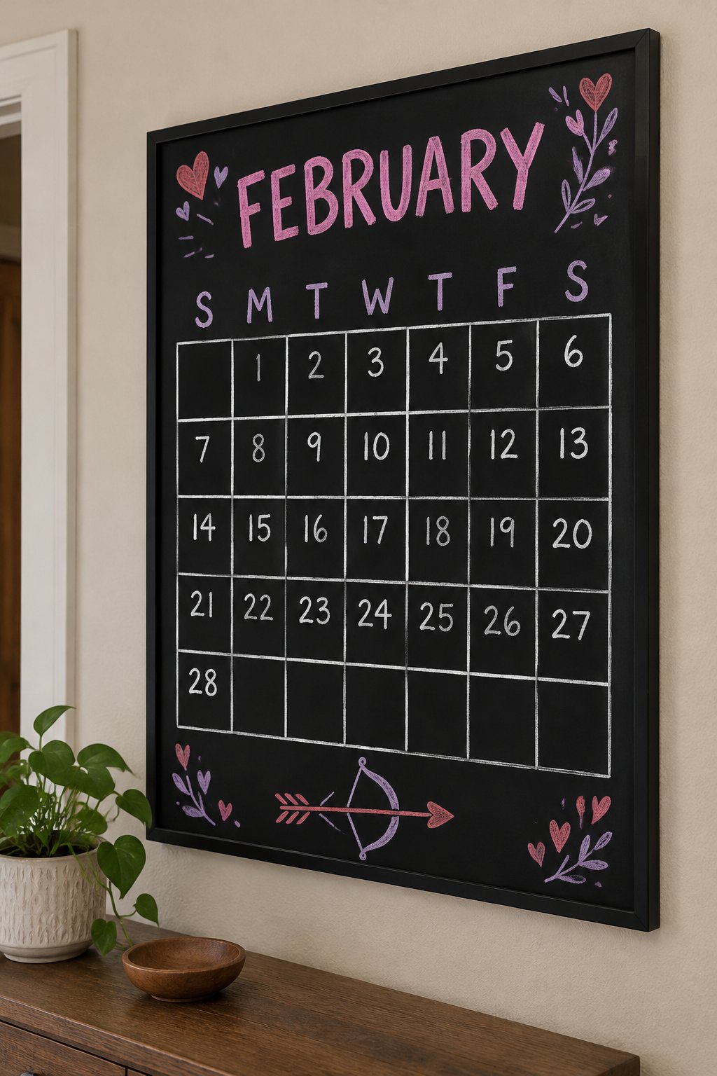 Cupid Bow Grid: a hand-drawn valentines chalkboard sign reading "FEBRUARY".