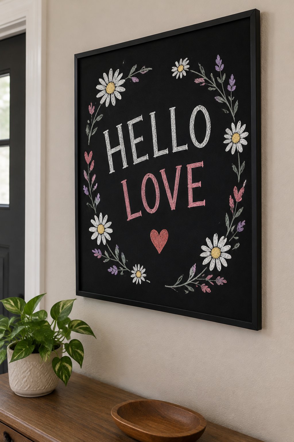 Daisy Heart Wreath: a hand-drawn valentines chalkboard sign reading "HELLO LOVE".