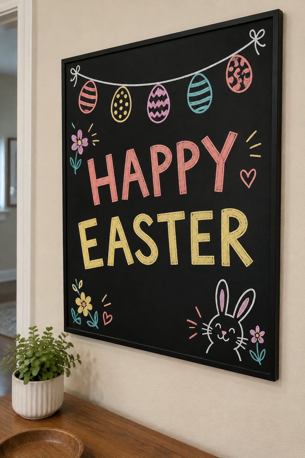 Egg Bunting: a hand-drawn spring chalkboard sign reading "HAPPY EASTER".