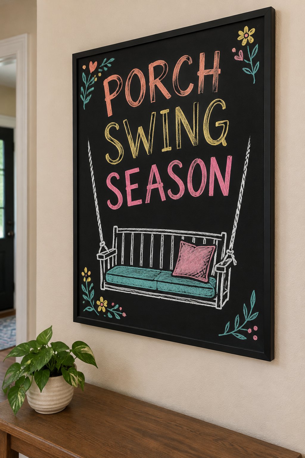Porch Swing Season: a hand-drawn spring chalkboard sign reading "PORCH SWING SEASON".