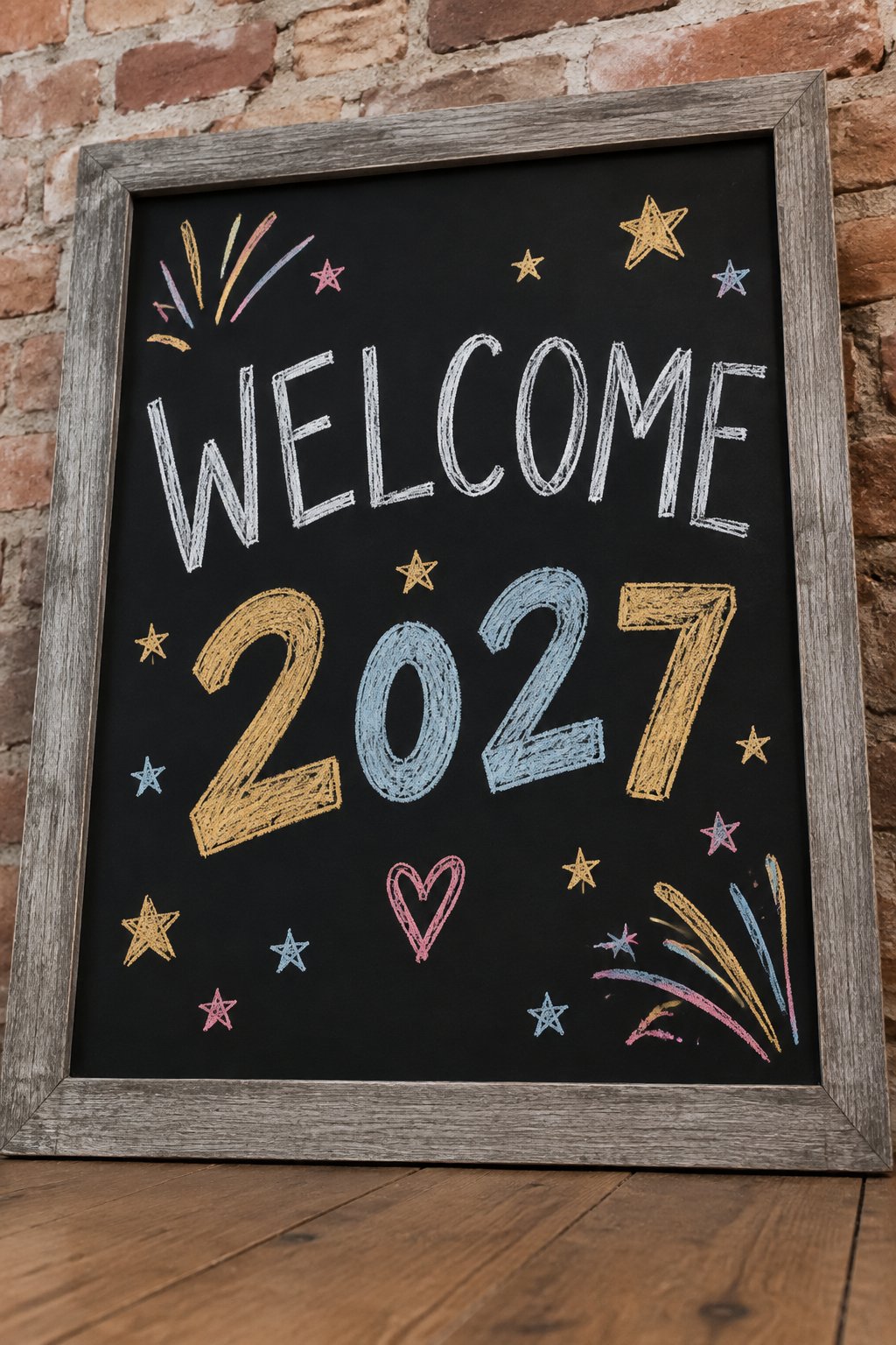 Welcome 2027: a hand-drawn newyear chalkboard sign reading "WELCOME 2027".