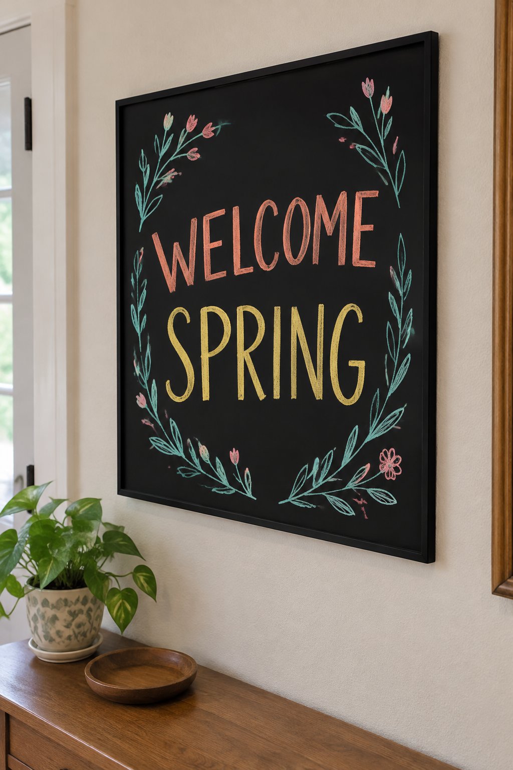 Welcome Spring Wreath: a hand-drawn spring chalkboard sign reading "WELCOME SPRING".