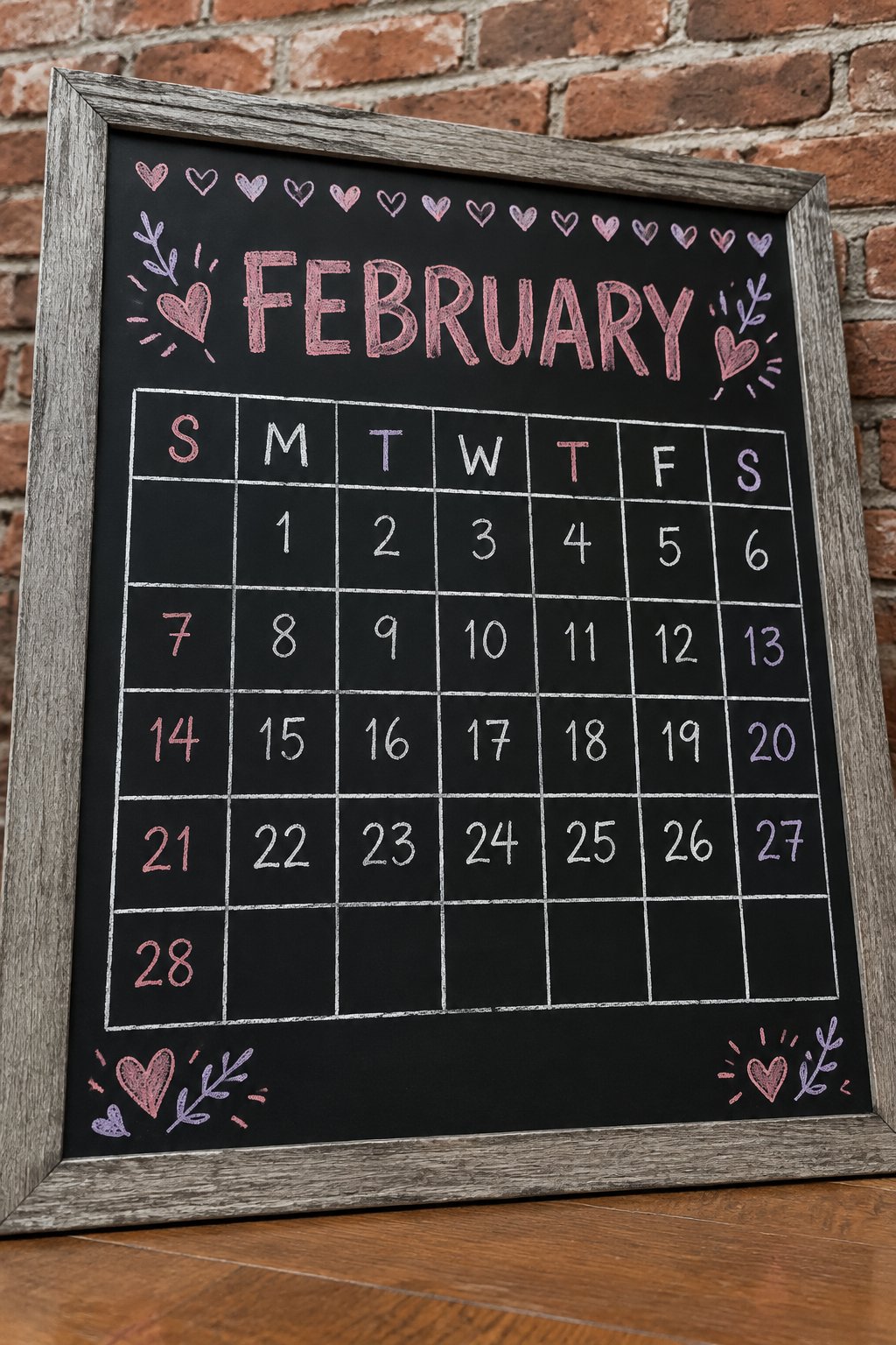 Heart Row Grid: a hand-drawn valentines chalkboard sign reading "FEBRUARY".