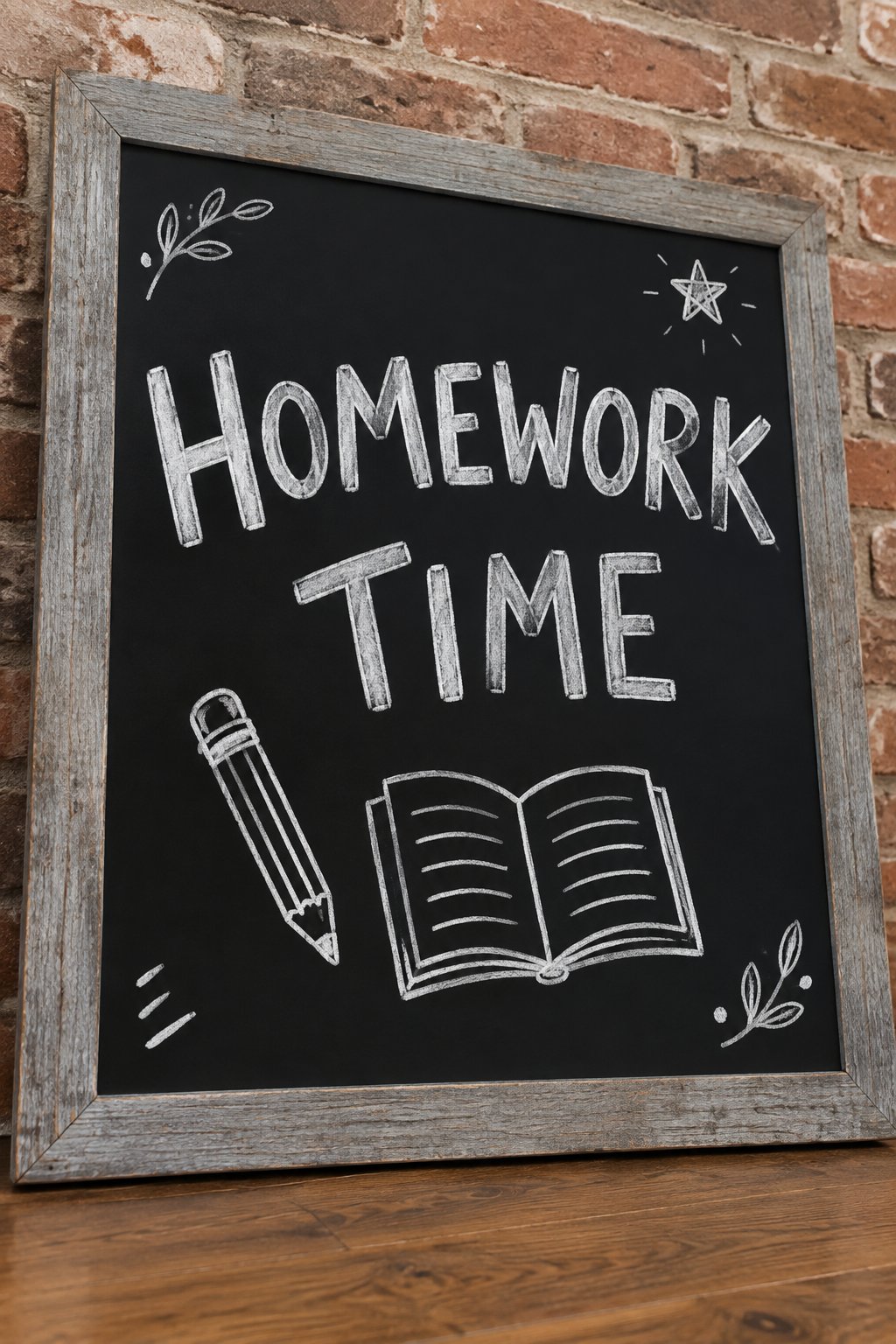 Homework Station: a hand-drawn winter chalkboard sign reading "HOMEWORK TIME".