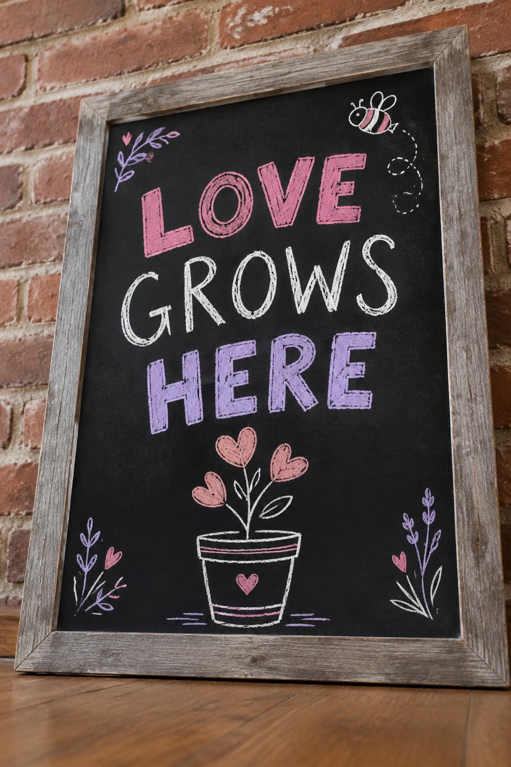 Love Grows Here: a hand-drawn valentines chalkboard sign reading "LOVE GROWS HERE".