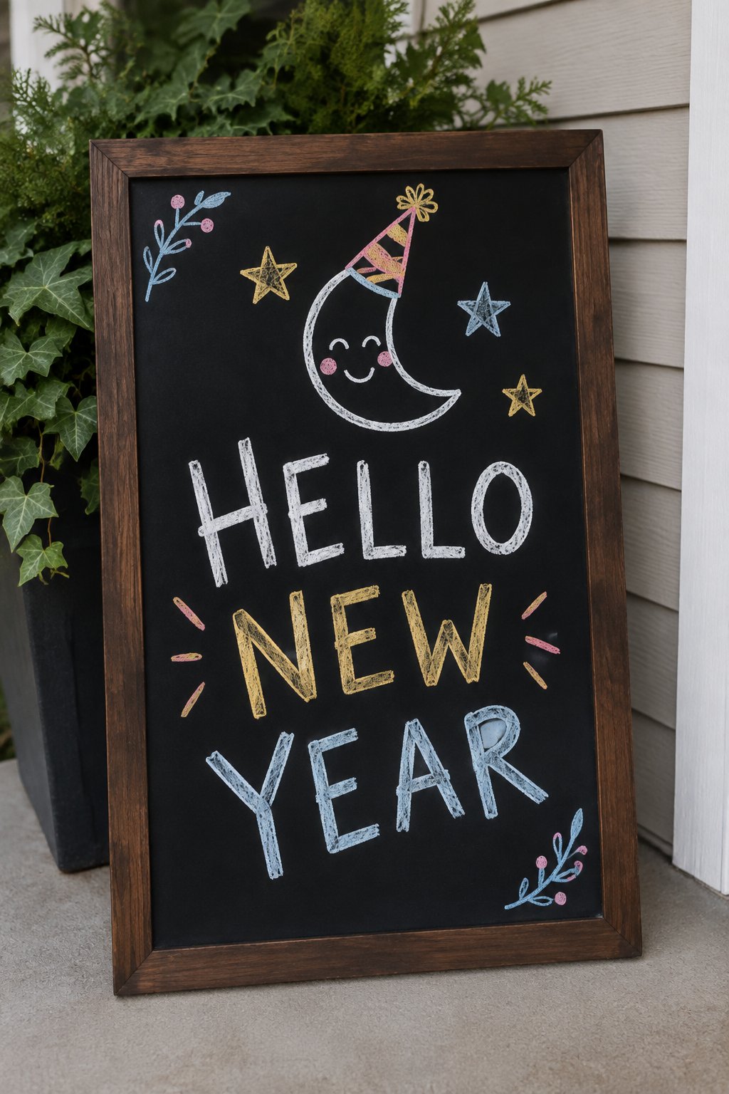 Midnight Moon: a hand-drawn newyear chalkboard sign reading "HELLO NEW YEAR".