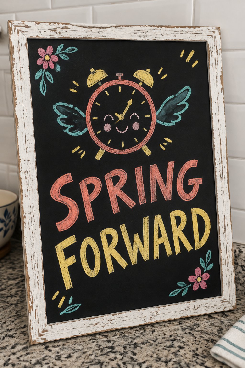 Spring Forward Clock: a hand-drawn spring chalkboard sign reading "SPRING FORWARD".