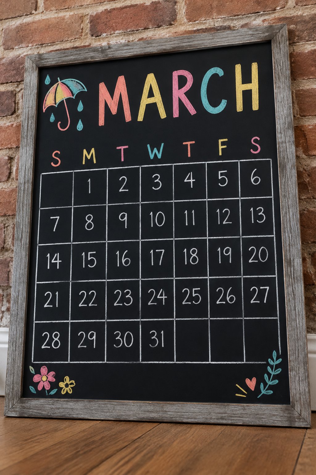 Umbrella Grid: a hand-drawn spring chalkboard sign reading "MARCH".