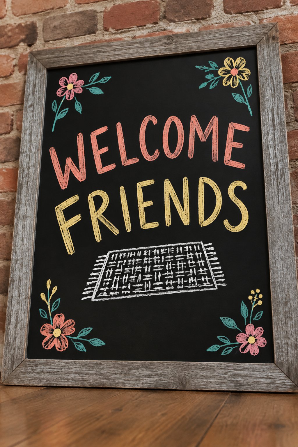 Welcome Mat Blooms: a hand-drawn spring chalkboard sign reading "WELCOME FRIENDS".