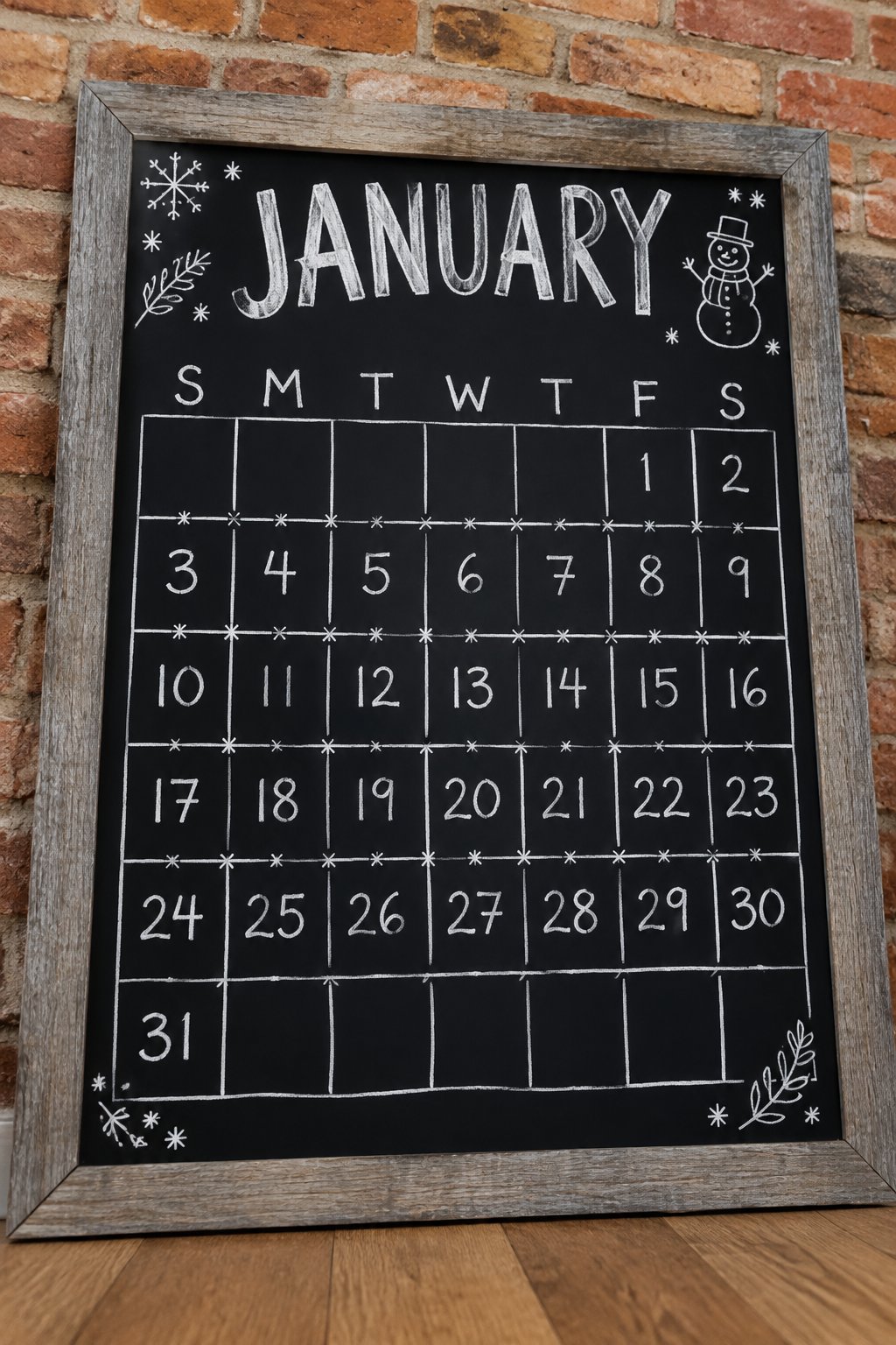 Winter Stars Grid: a hand-drawn winter chalkboard sign reading "JANUARY".