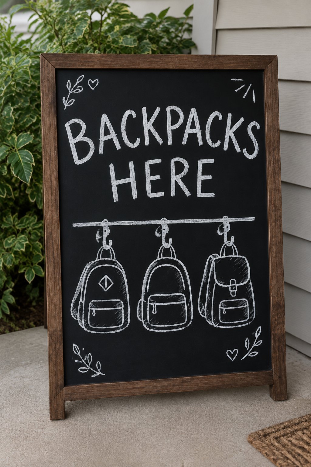 Backpack Hook: a hand-drawn winter chalkboard sign reading "BACKPACKS HERE".