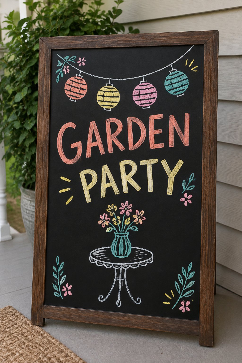 Garden Party: a hand-drawn spring chalkboard sign reading "GARDEN PARTY".
