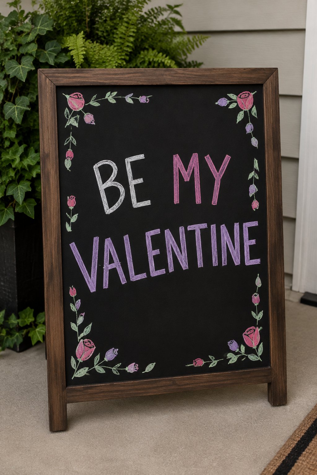 Rosebud Border: a hand-drawn valentines chalkboard sign reading "BE MY VALENTINE".