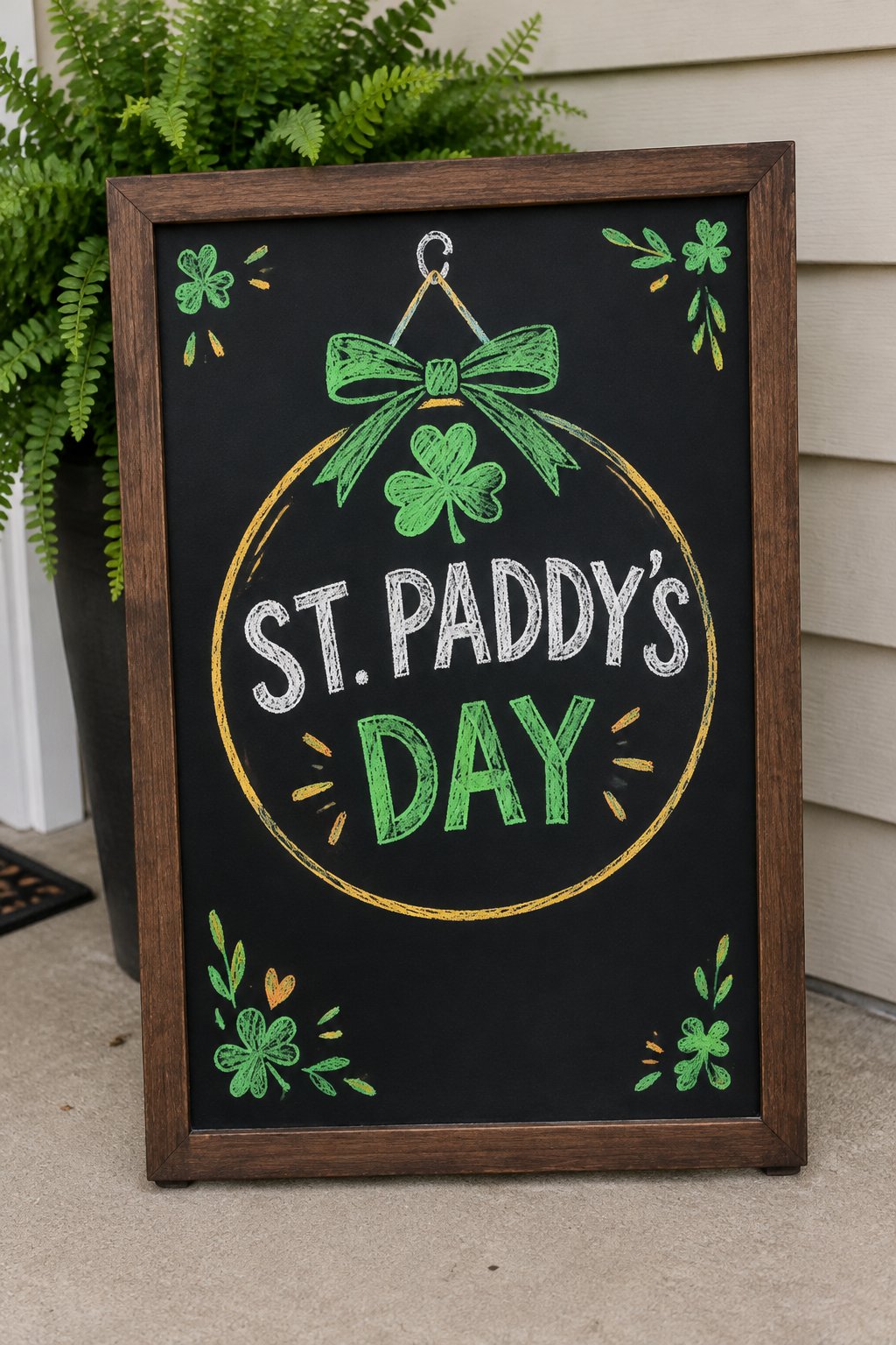 Round Door Sign: a hand-drawn stpatricks chalkboard sign reading "ST. PADDY’S DAY".