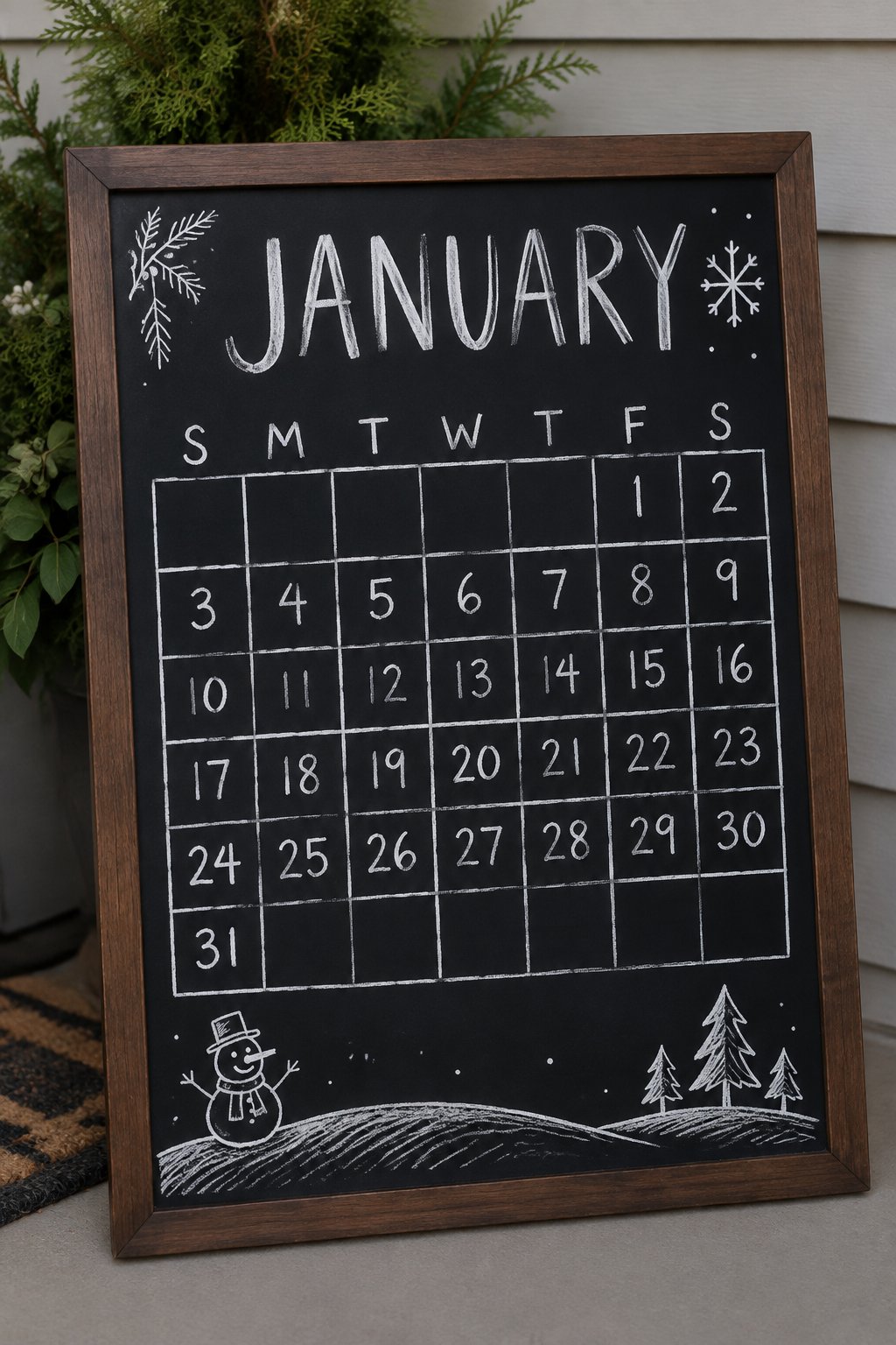 Snow Hill Grid: a hand-drawn winter chalkboard sign reading "JANUARY".