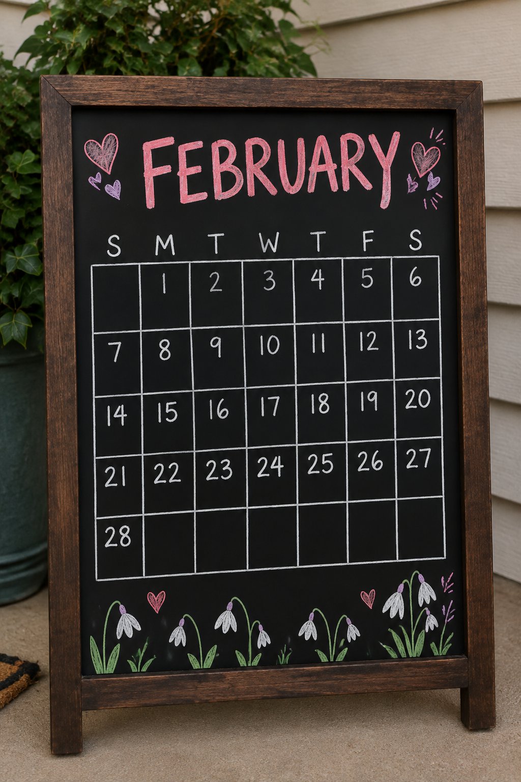 Snowdrop Grid: a hand-drawn valentines chalkboard sign reading "FEBRUARY".