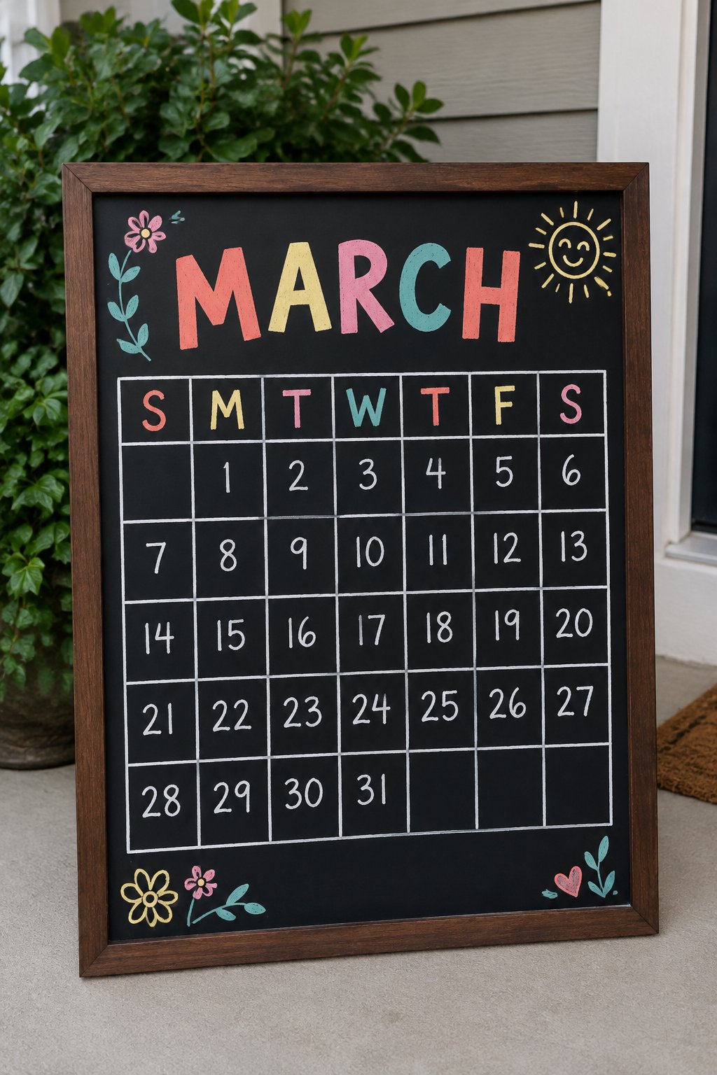 Sunshine Grid: a hand-drawn spring chalkboard sign reading "MARCH".