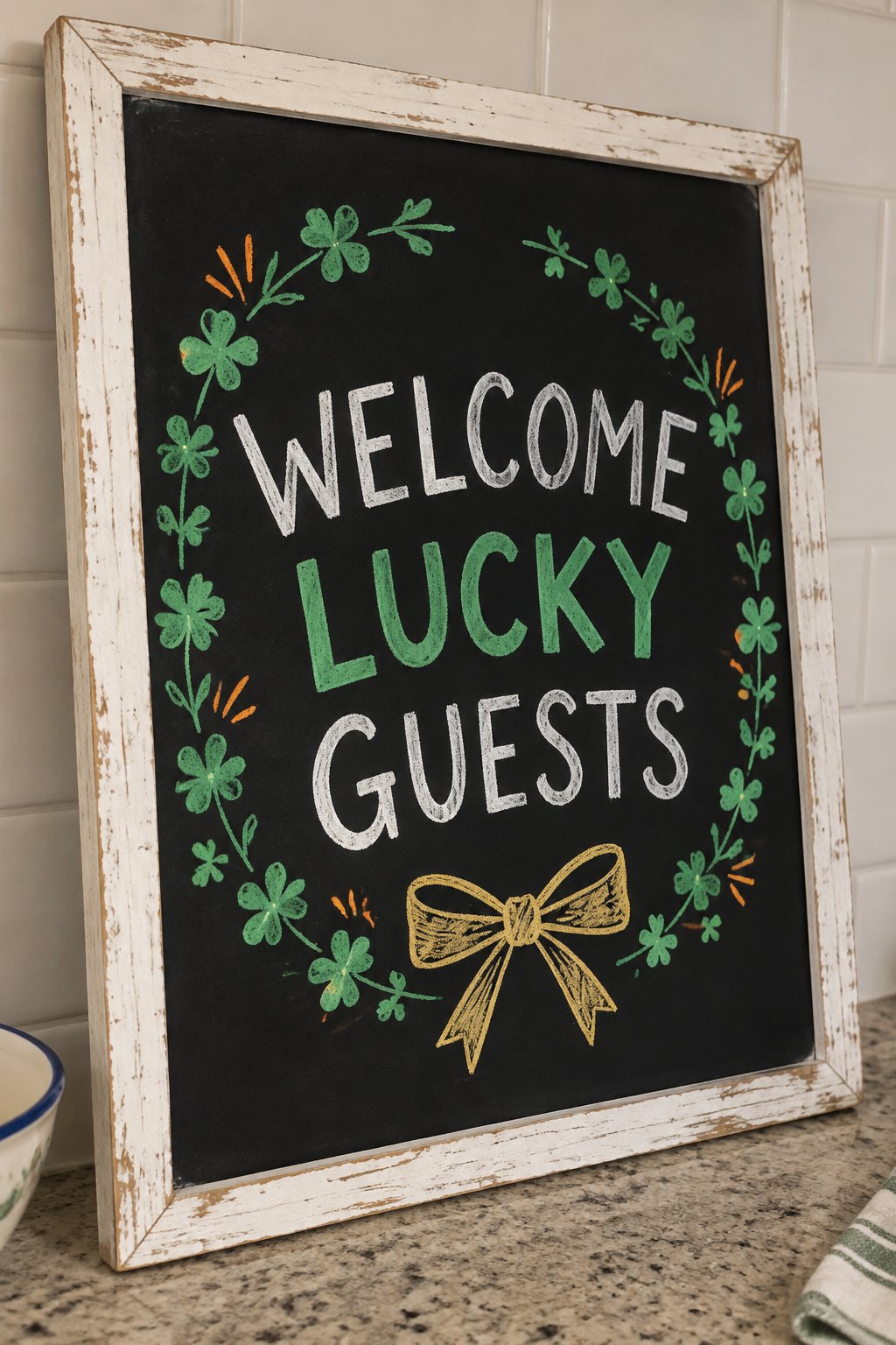 Welcome Lucky Guests: a hand-drawn stpatricks chalkboard sign reading "WELCOME LUCKY GUESTS".