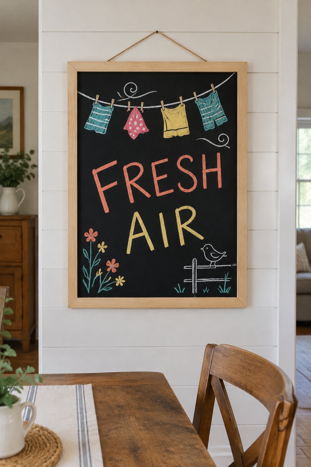Clothesline Day: a hand-drawn spring chalkboard sign reading "FRESH AIR".