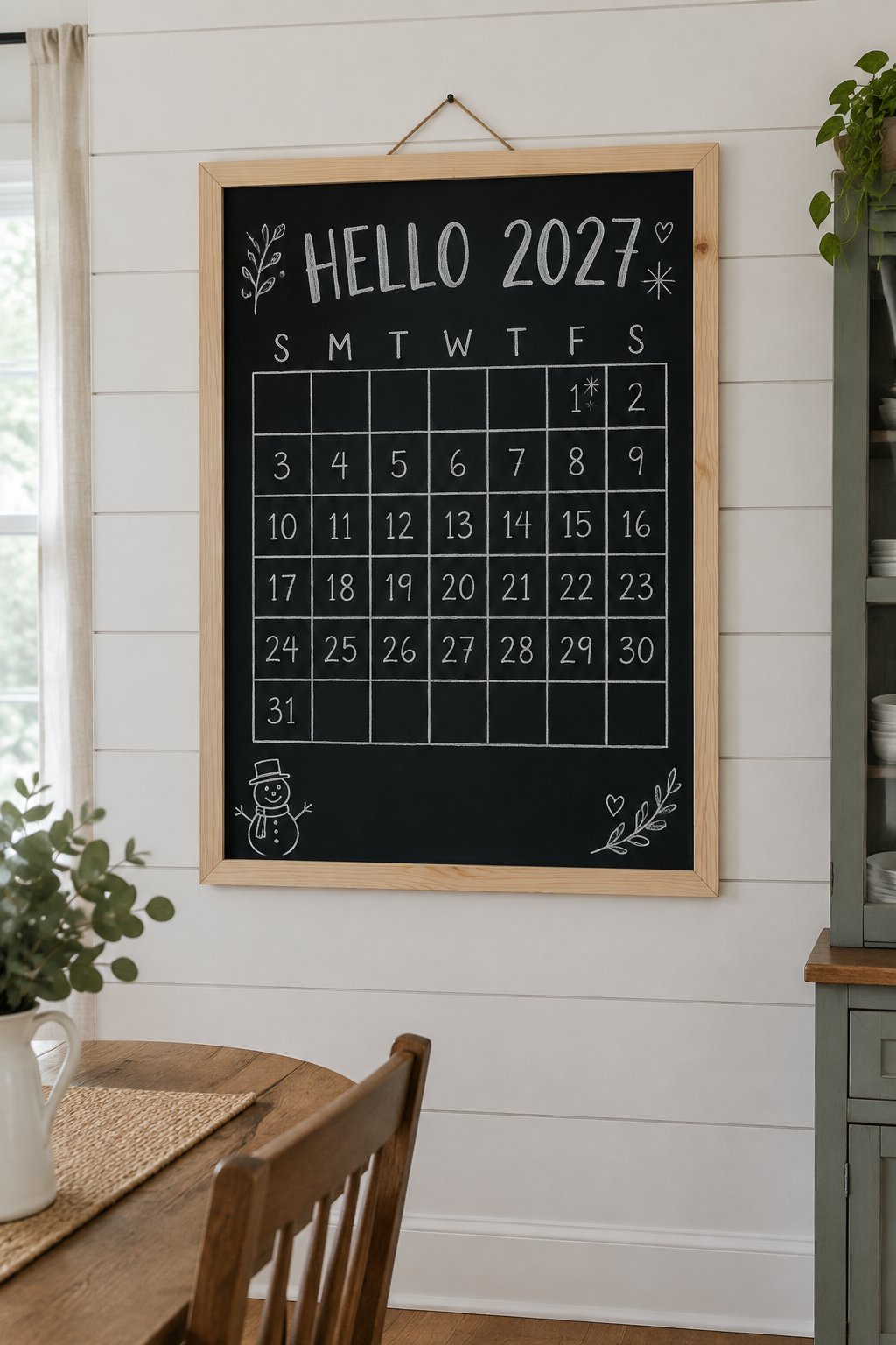 Fresh Year Grid: a hand-drawn winter chalkboard sign reading "HELLO 2027".