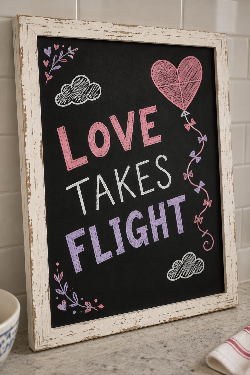 Heart Kite: a hand-drawn valentines chalkboard sign reading "LOVE TAKES FLIGHT".