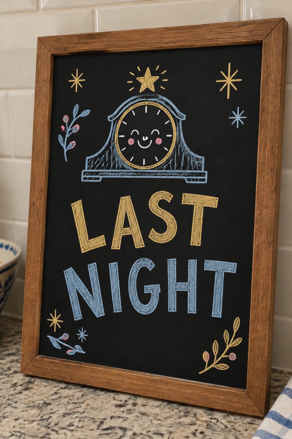 Last Night of the Year: a hand-drawn newyear chalkboard sign reading "LAST NIGHT".