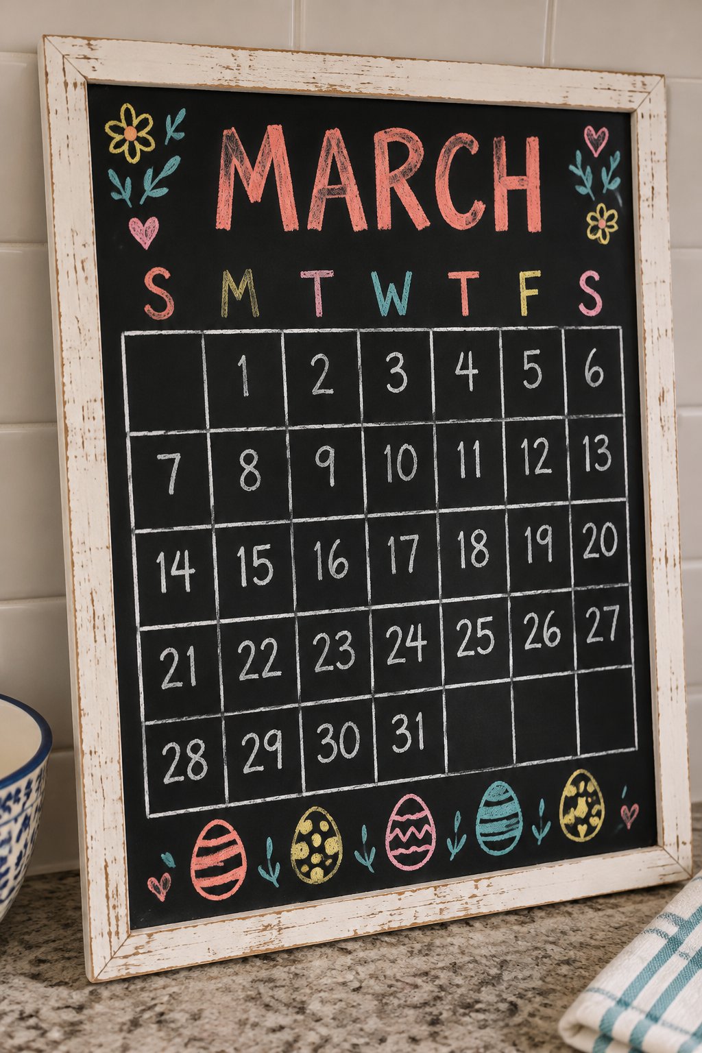 Pastel Egg Grid: a hand-drawn spring chalkboard sign reading "MARCH".