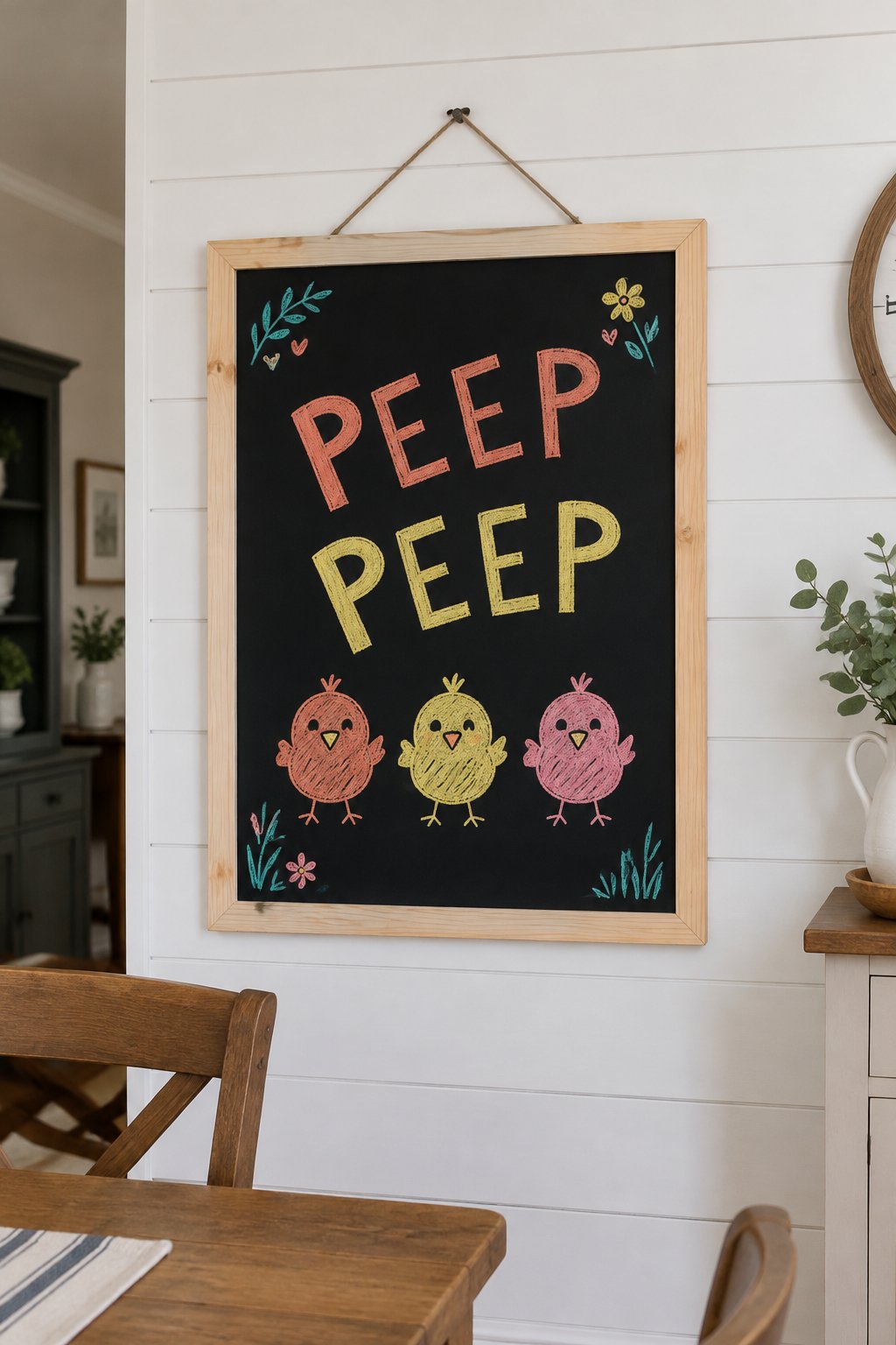 Peep Peep: a hand-drawn spring chalkboard sign reading "PEEP PEEP".