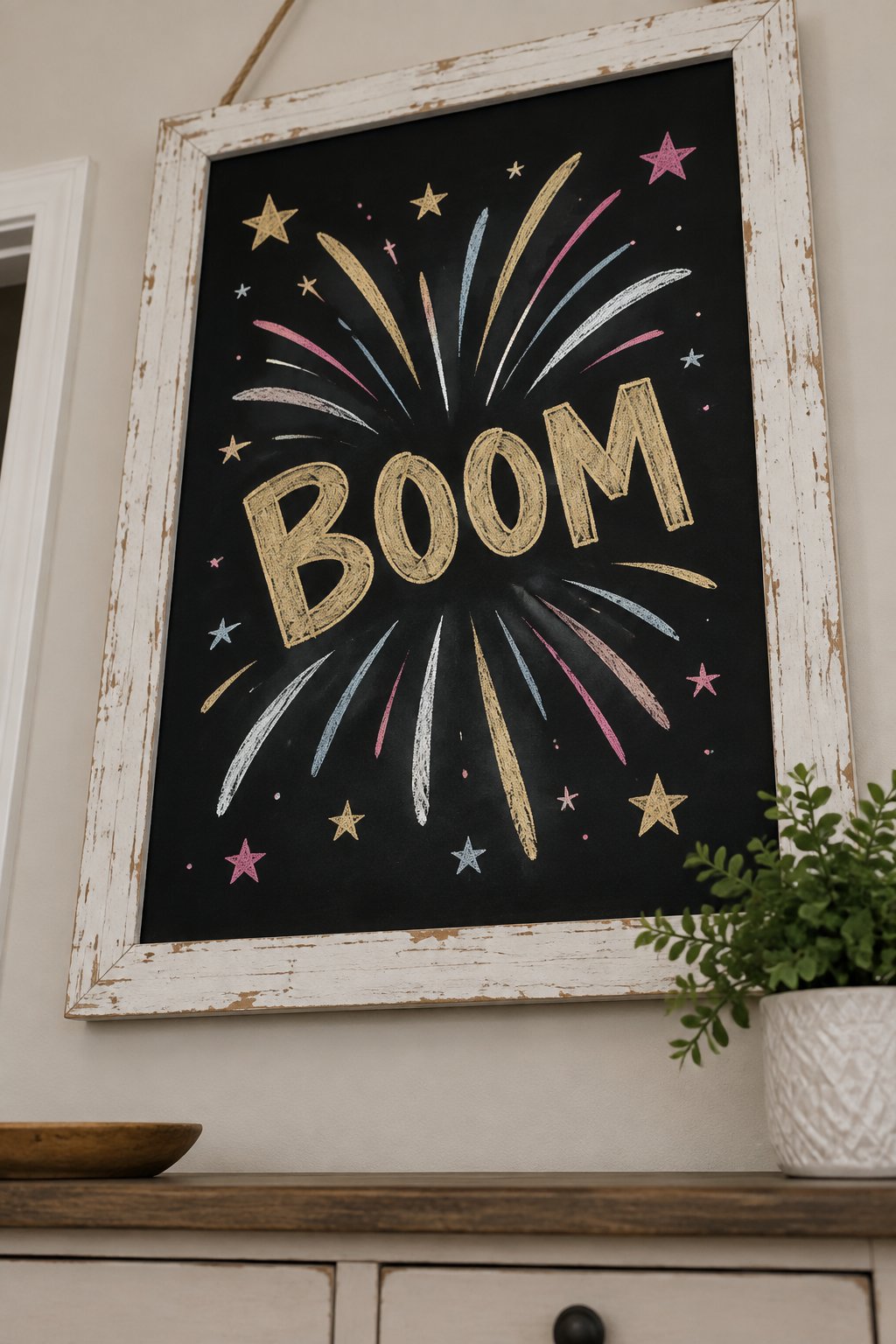 Big Burst: a hand-drawn newyear chalkboard sign reading "BOOM".