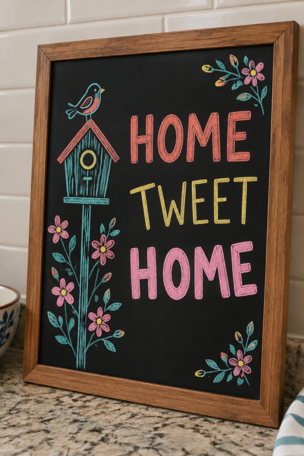Birdhouse Welcome: a hand-drawn spring chalkboard sign reading "HOME TWEET HOME".