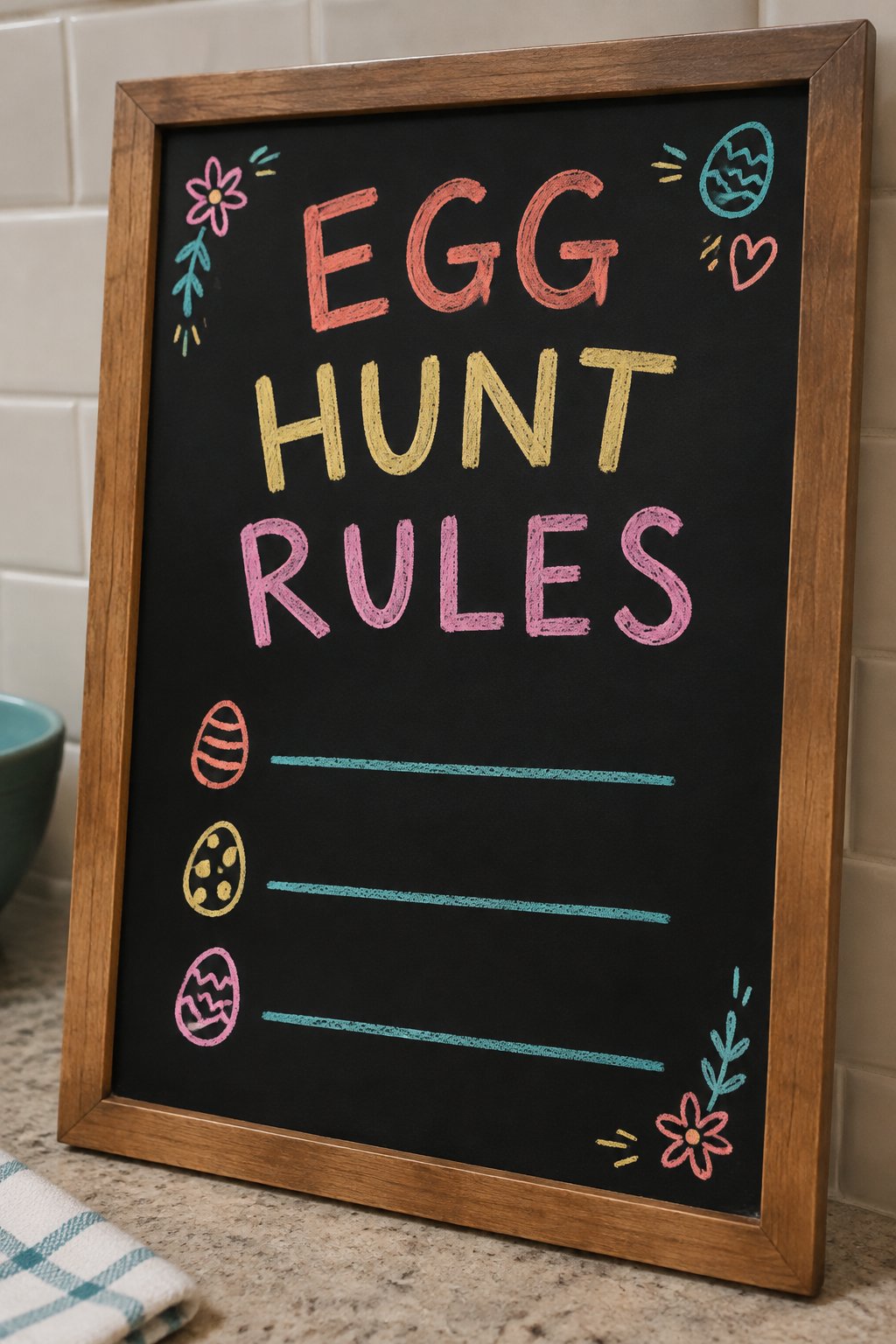 Egg Hunt Rules: a hand-drawn spring chalkboard sign reading "EGG HUNT RULES".